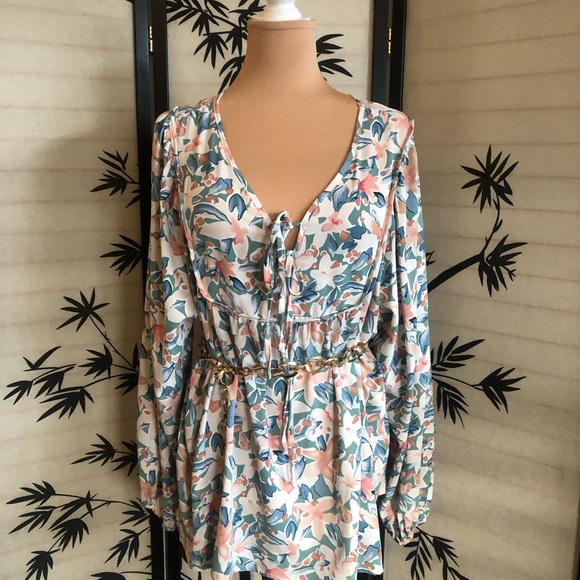 Shewin Womens Casual Boho Floral Print Long Sleeve Blouse Top Plus Size 2XL - Picture 10 of 12